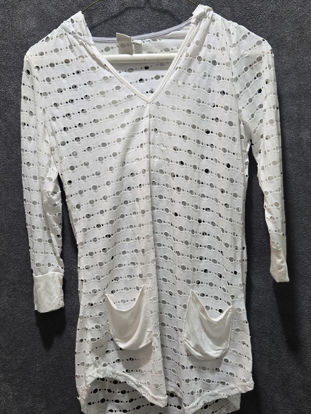Saint Tropez West White Eyelet Hooded Beach Cover Up Tunic Top Size Small